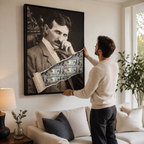 Nowoczesny obraz na płótnie Tesla Dollar przedstawiający portret Nikoli Tesli z efektem przedarcia odsłaniającego banknoty dolarowe, wydruk galeryjny.