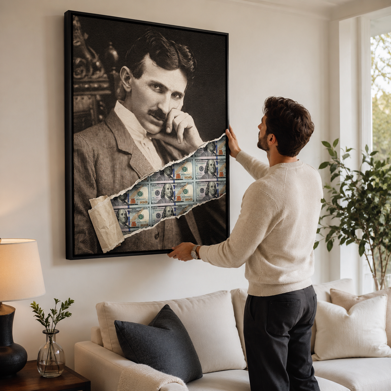 Nowoczesny obraz na płótnie Tesla Dollar przedstawiający portret Nikoli Tesli z efektem przedarcia odsłaniającego banknoty dolarowe, wydruk galeryjny.
