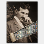 Nowoczesny obraz na płótnie Tesla Dollar przedstawiający portret Nikoli Tesli z efektem przedarcia odsłaniającego banknoty dolarowe, wydruk galeryjny.