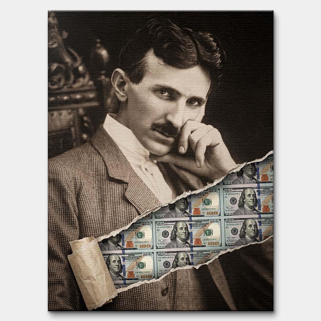 Nowoczesny obraz na płótnie Tesla Dollar przedstawiający portret Nikoli Tesli z efektem przedarcia odsłaniającego banknoty dolarowe, wydruk galeryjny.