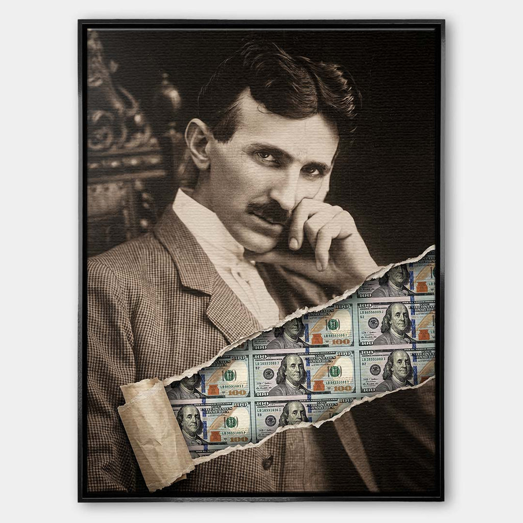 Nowoczesny obraz na płótnie Tesla Dollar przedstawiający portret Nikoli Tesli z efektem przedarcia odsłaniającego banknoty dolarowe, wydruk galeryjny.