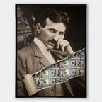 Nowoczesny obraz na płótnie Tesla Dollar przedstawiający portret Nikoli Tesli z efektem przedarcia odsłaniającego banknoty dolarowe, wydruk galeryjny.