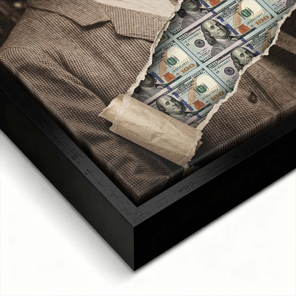 Nowoczesny obraz na płótnie Tesla Dollar przedstawiający portret Nikoli Tesli z efektem przedarcia odsłaniającego banknoty dolarowe, wydruk galeryjny.