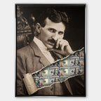 Nowoczesny obraz na płótnie Tesla Dollar przedstawiający portret Nikoli Tesli z efektem przedarcia odsłaniającego banknoty dolarowe, wydruk galeryjny.