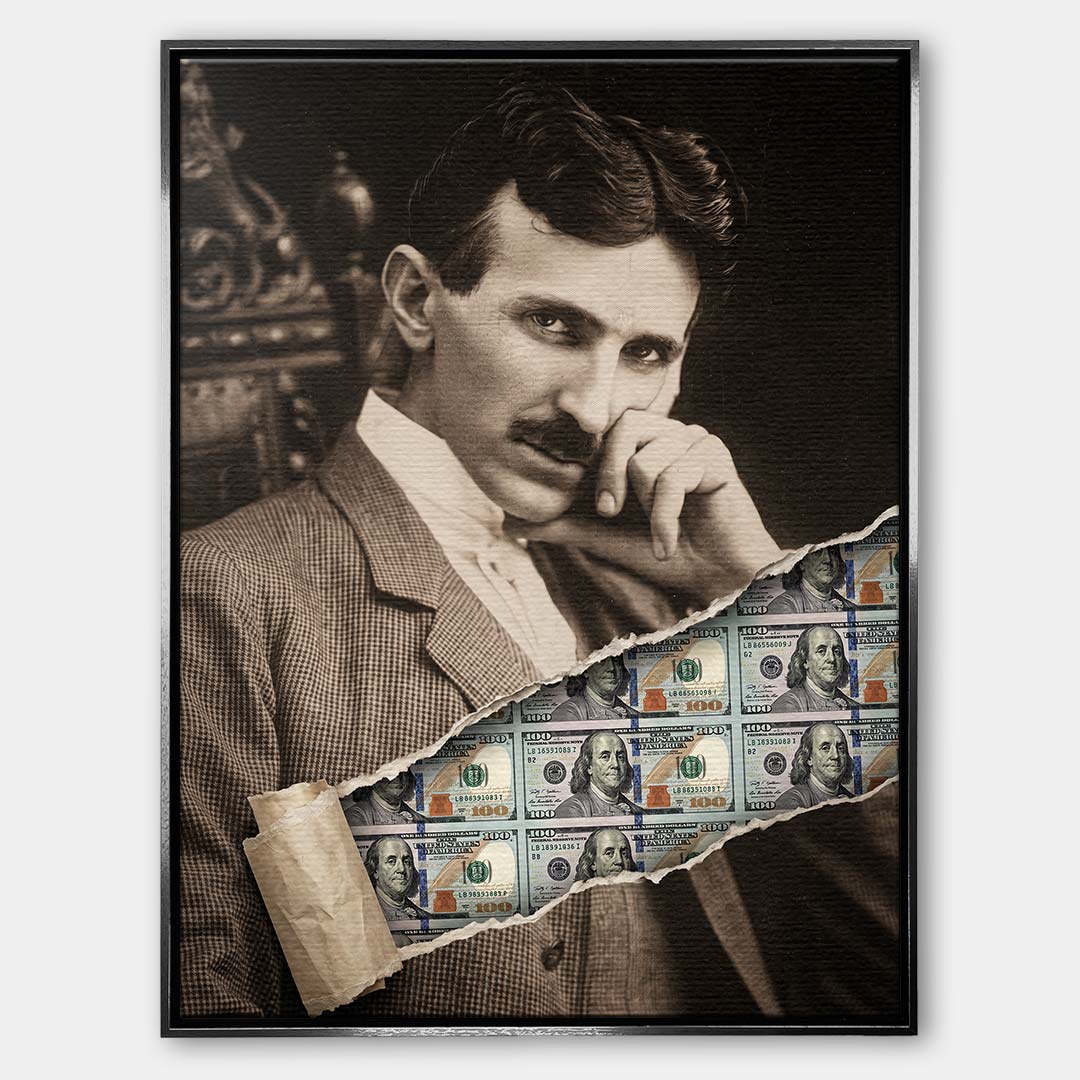 Nowoczesny obraz na płótnie Tesla Dollar przedstawiający portret Nikoli Tesli z efektem przedarcia odsłaniającego banknoty dolarowe, wydruk galeryjny.