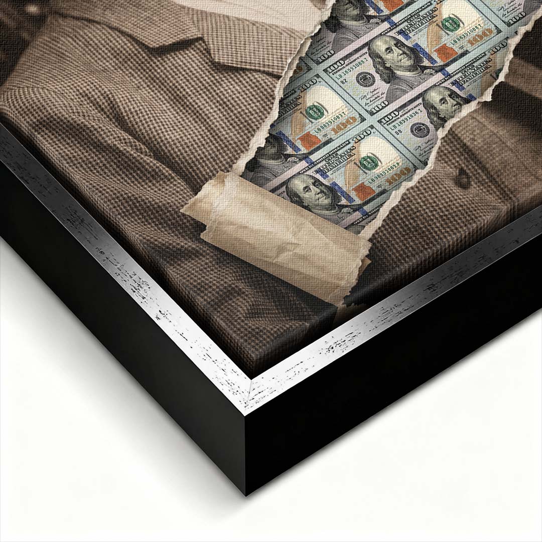 Nowoczesny obraz na płótnie Tesla Dollar przedstawiający portret Nikoli Tesli z efektem przedarcia odsłaniającego banknoty dolarowe, wydruk galeryjny.