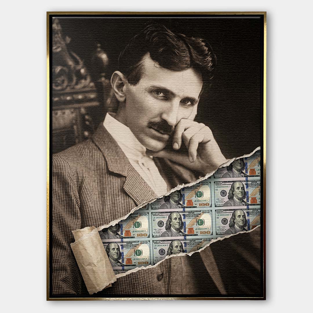 Nowoczesny obraz na płótnie Tesla Dollar przedstawiający portret Nikoli Tesli z efektem przedarcia odsłaniającego banknoty dolarowe, wydruk galeryjny.