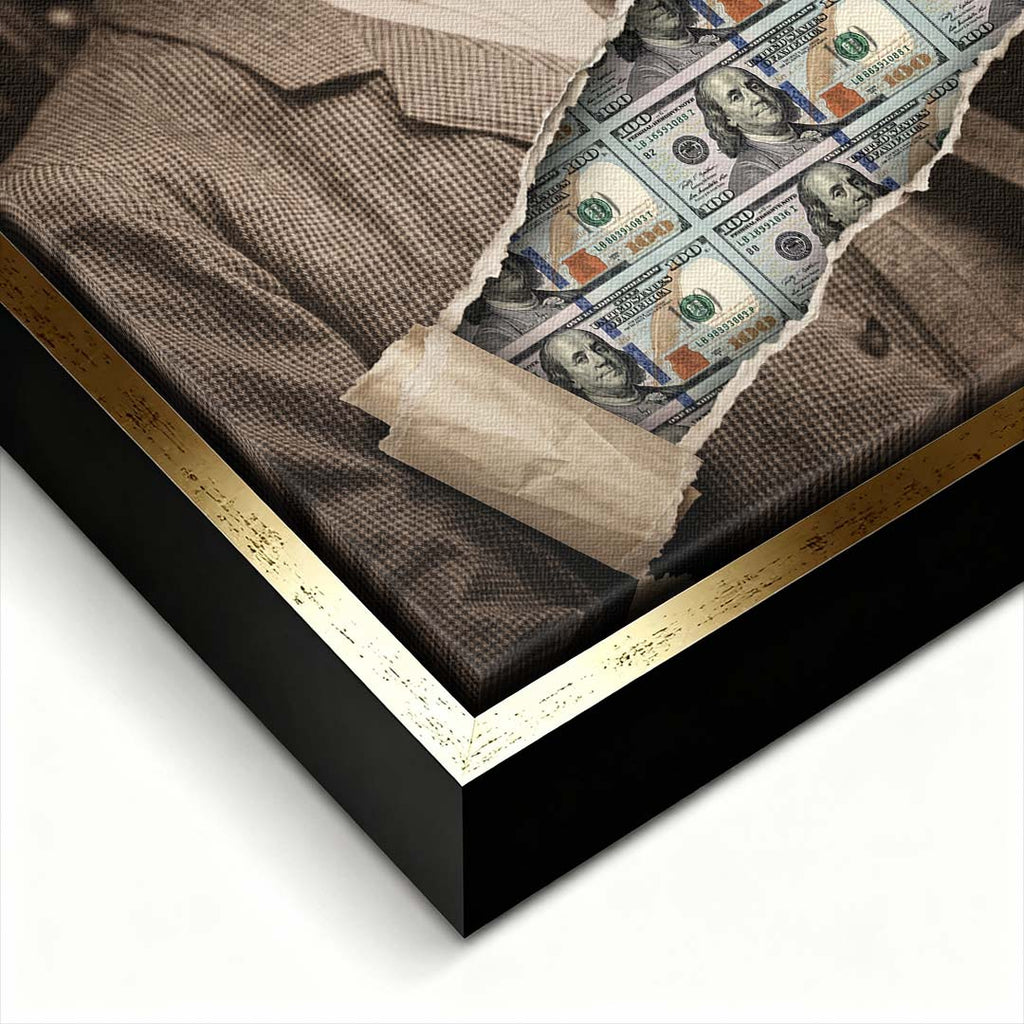 Nowoczesny obraz na płótnie Tesla Dollar przedstawiający portret Nikoli Tesli z efektem przedarcia odsłaniającego banknoty dolarowe, wydruk galeryjny.