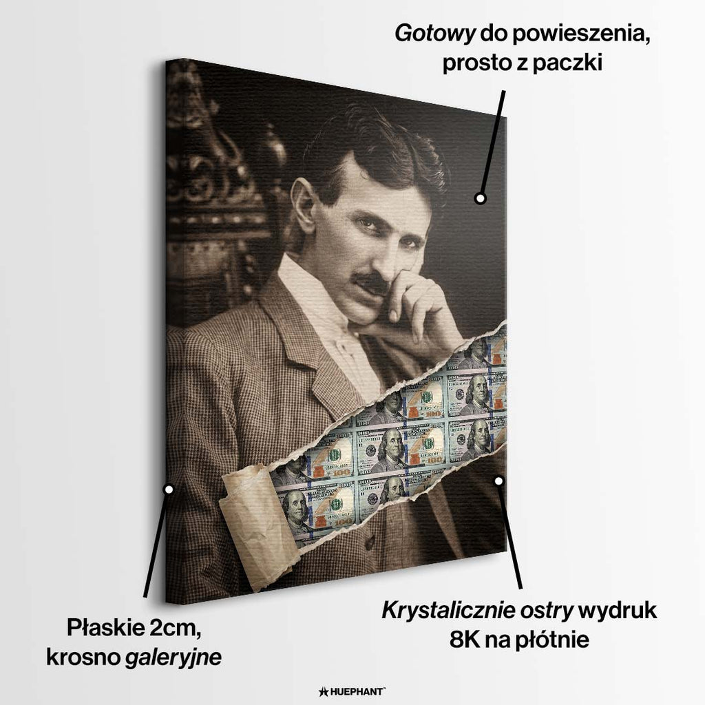 Nowoczesny obraz na płótnie Tesla Dollar przedstawiający portret Nikoli Tesli z efektem przedarcia odsłaniającego banknoty dolarowe, wydruk galeryjny.
