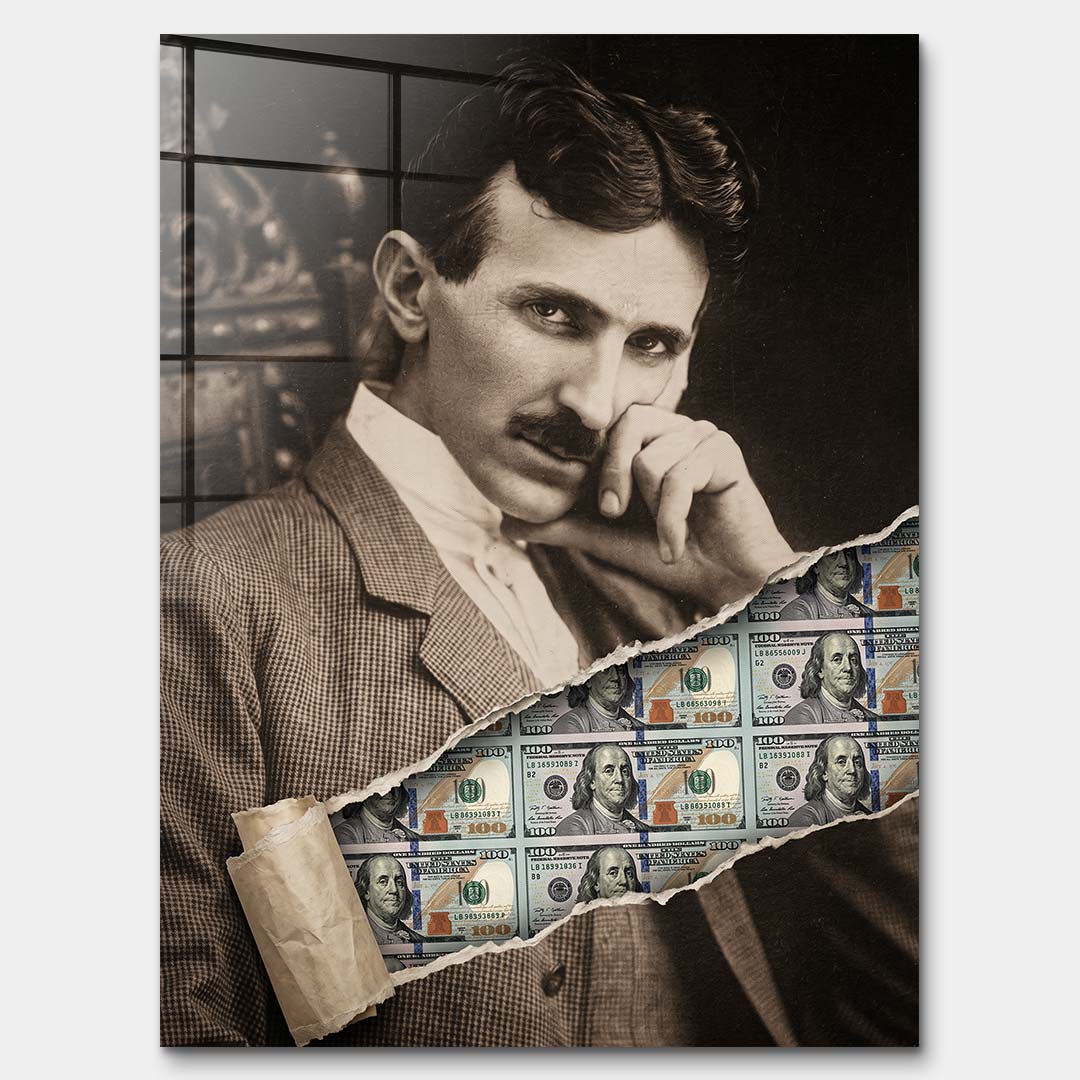 Nowoczesny obraz na szkle akrylowym Tesla Dollar przedstawiający portret Nikoli Tesli z efektem przedarcia odsłaniającego banknoty dolarowe, wydruk galeryjny.