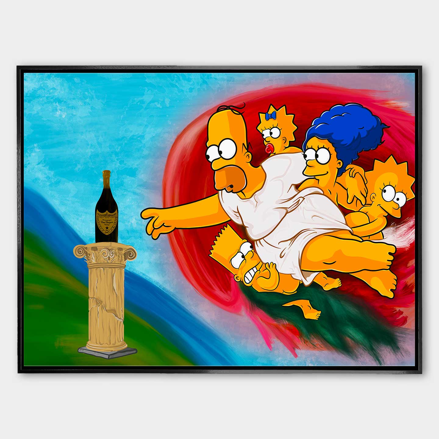 Obraz na płótnie z Homerem Simpsonem w stylu fresku Michała Anioła, sięgającym po butelkę szampana Dom Pérignon – „The Creation of Dom”