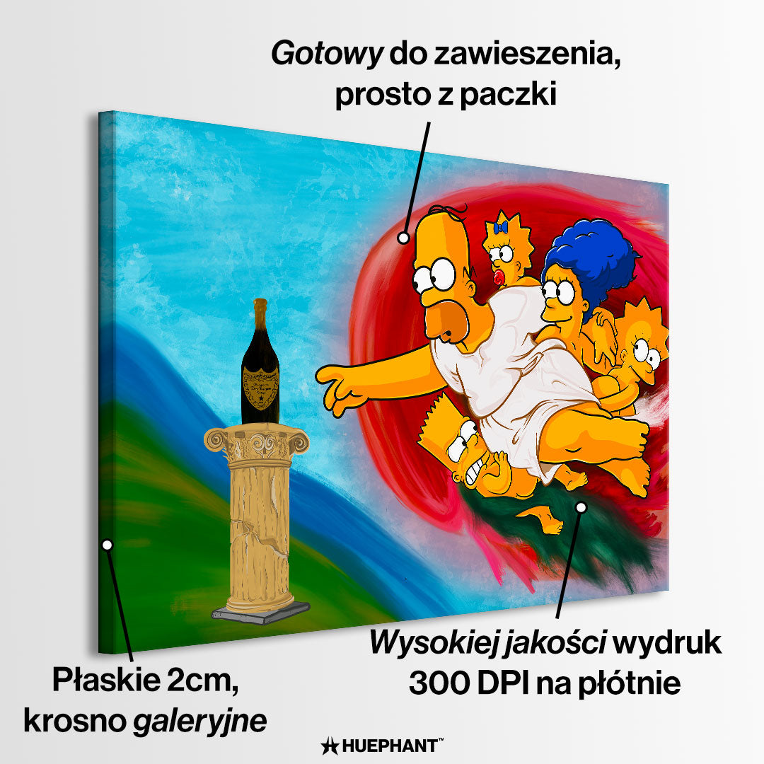 Obraz na płótnie z Homerem Simpsonem w stylu fresku Michała Anioła, sięgającym po butelkę szampana Dom Pérignon – „The Creation of Dom”