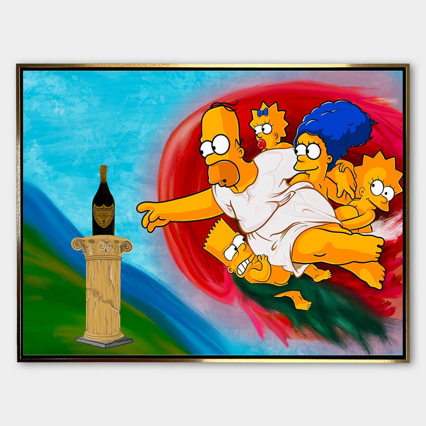 Obraz na płótnie z Homerem Simpsonem w stylu fresku Michała Anioła, sięgającym po butelkę szampana Dom Pérignon – „The Creation of Dom”