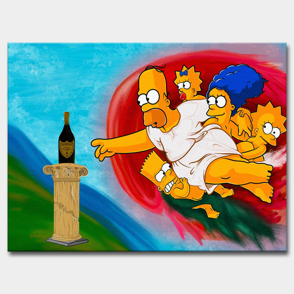 Obraz na płótnie z Homerem Simpsonem w stylu fresku Michała Anioła, sięgającym po butelkę szampana Dom Pérignon – „The Creation of Dom”