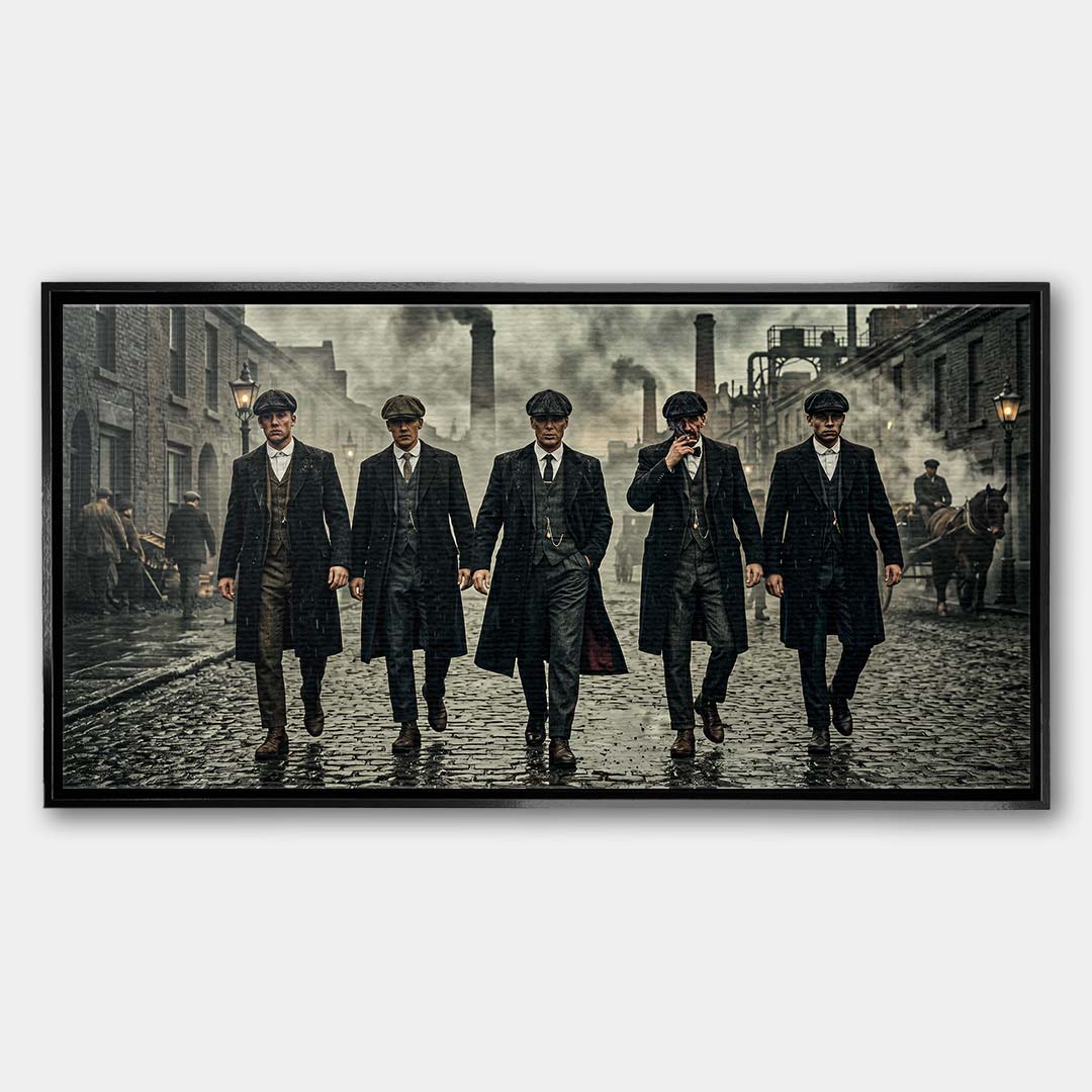 Obraz na płótnie The Garrison Family przedstawiający eleganckich mężczyzn w płaszczach na tle industrialnej ulicy, wydruk galeryjny.