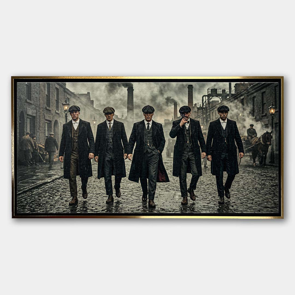 Obraz na płótnie The Garrison Family przedstawiający eleganckich mężczyzn w płaszczach na tle industrialnej ulicy, wydruk galeryjny.
