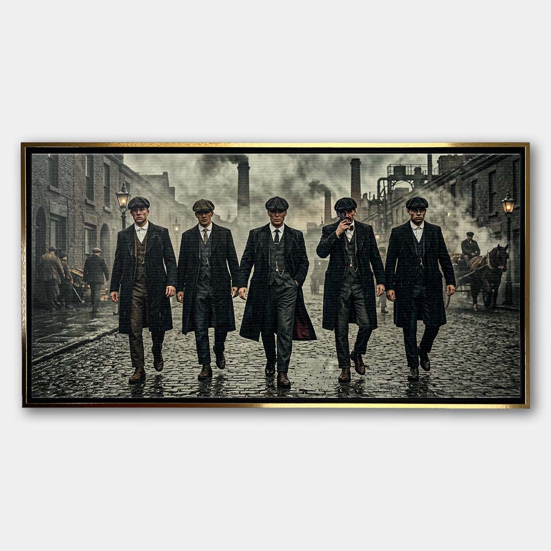 Obraz na płótnie The Garrison Family przedstawiający eleganckich mężczyzn w płaszczach na tle industrialnej ulicy, wydruk galeryjny.