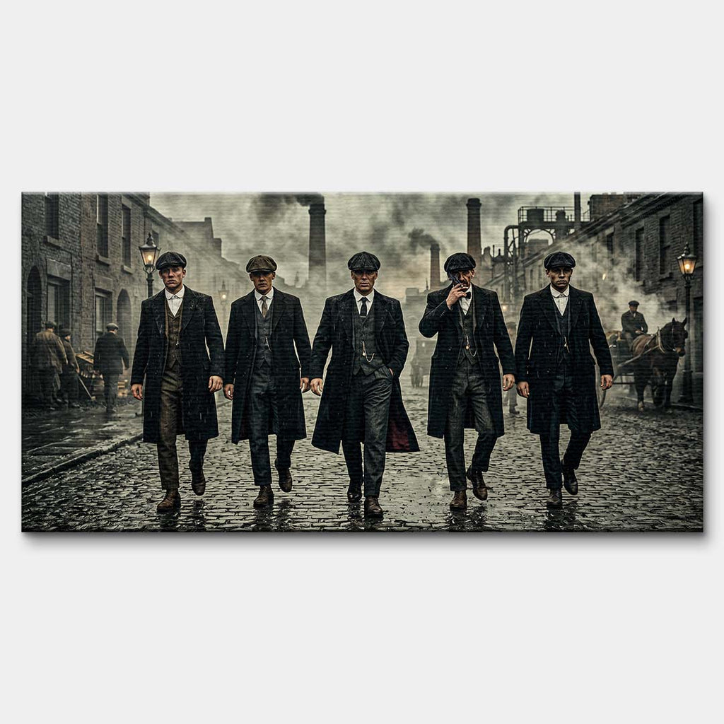 Obraz na płótnie The Garrison Family przedstawiający eleganckich mężczyzn w płaszczach na tle industrialnej ulicy, wydruk galeryjny.