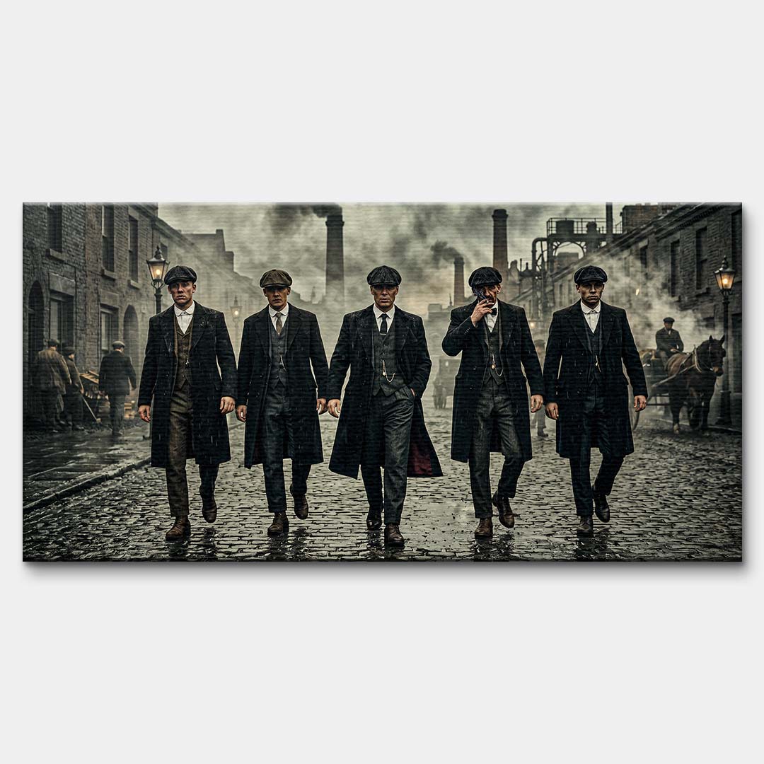 Obraz na płótnie The Garrison Family przedstawiający eleganckich mężczyzn w płaszczach na tle industrialnej ulicy, wydruk galeryjny.