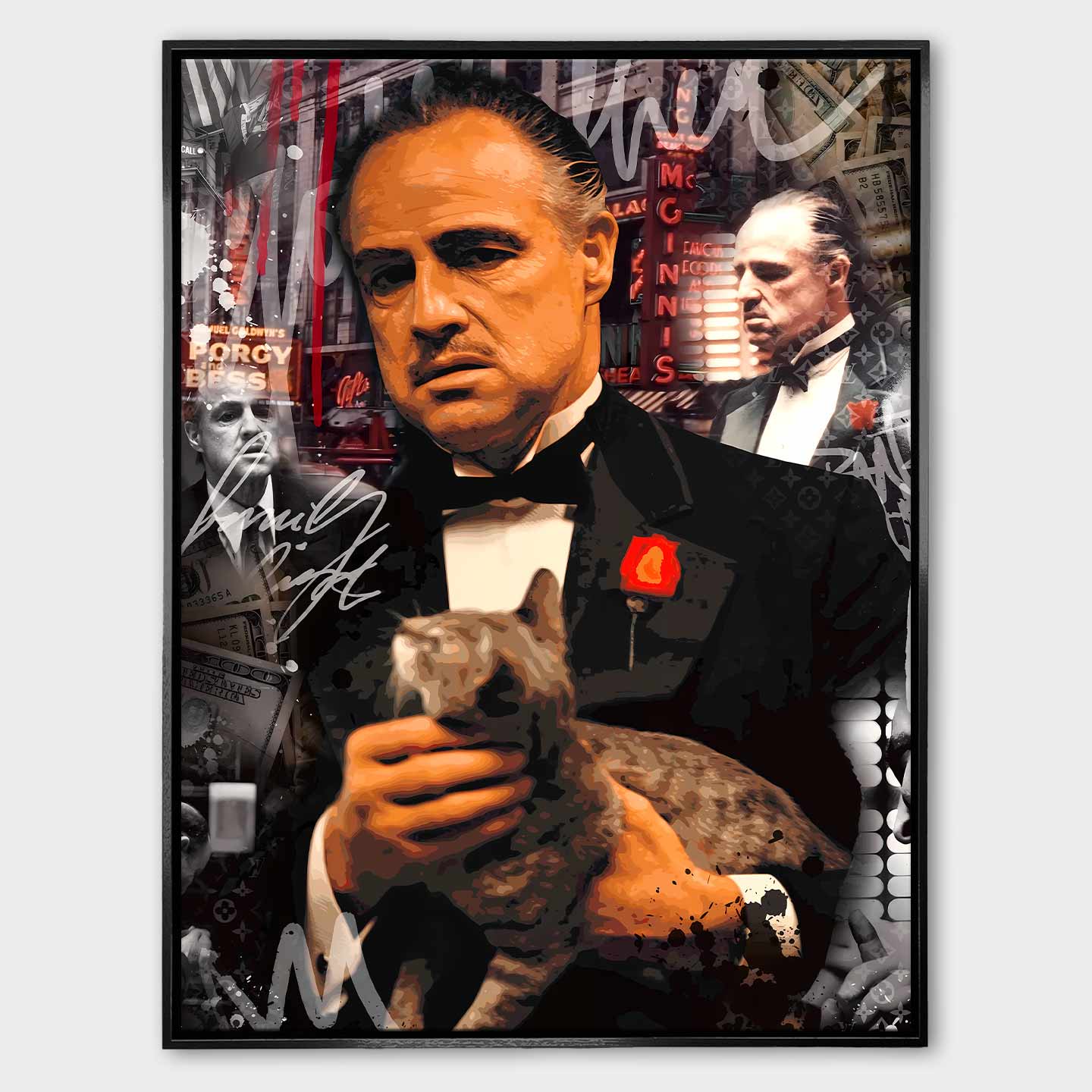 Obraz na płótnie The Godfather – Ojciec Chrzestny - ikoniczny portret filmowego bohatera w smokingu z kotem, symbol siły, klasy i władzy.