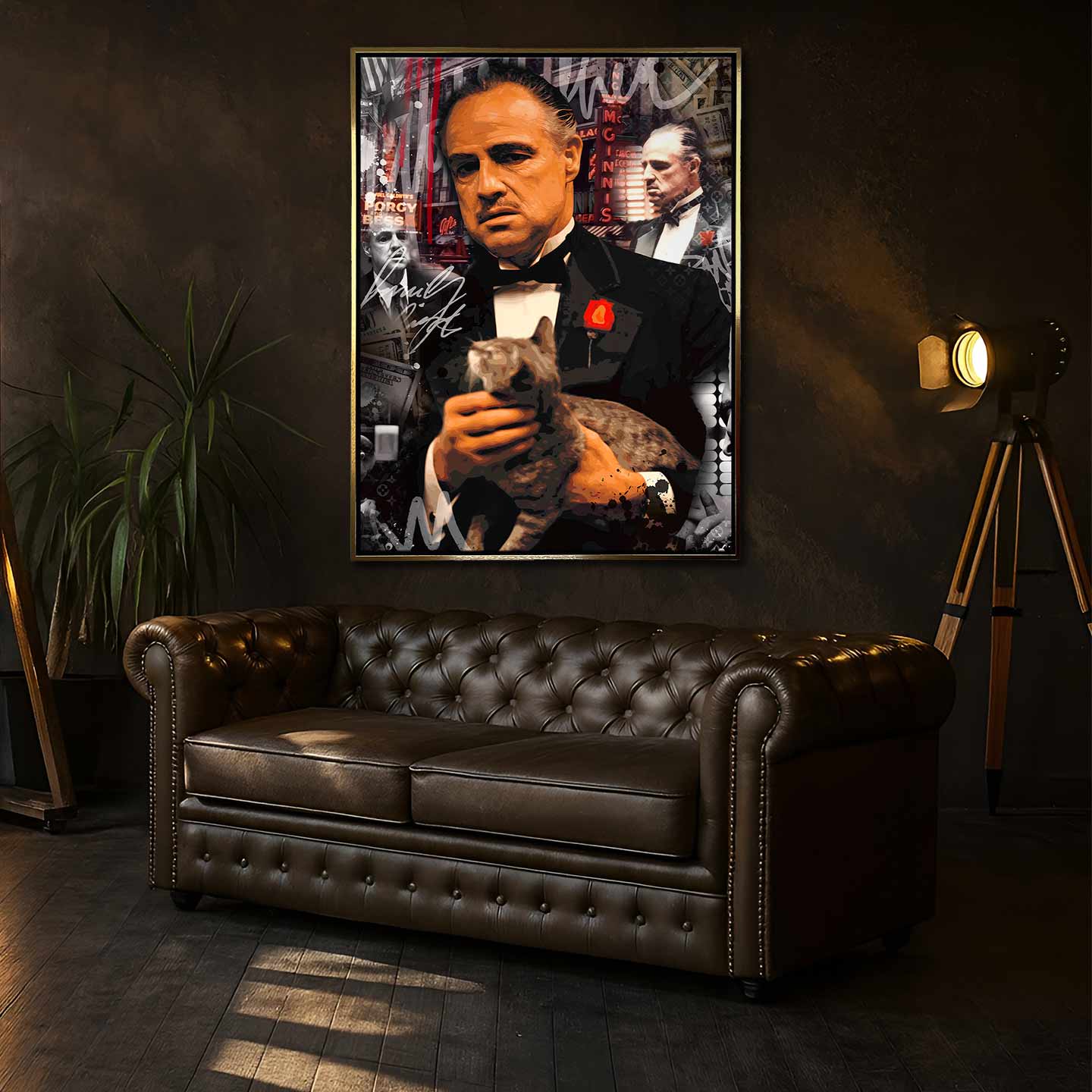 Obraz na płótnie The Godfather – Ojciec Chrzestny - ikoniczny portret filmowego bohatera w smokingu z kotem, symbol siły, klasy i władzy.
