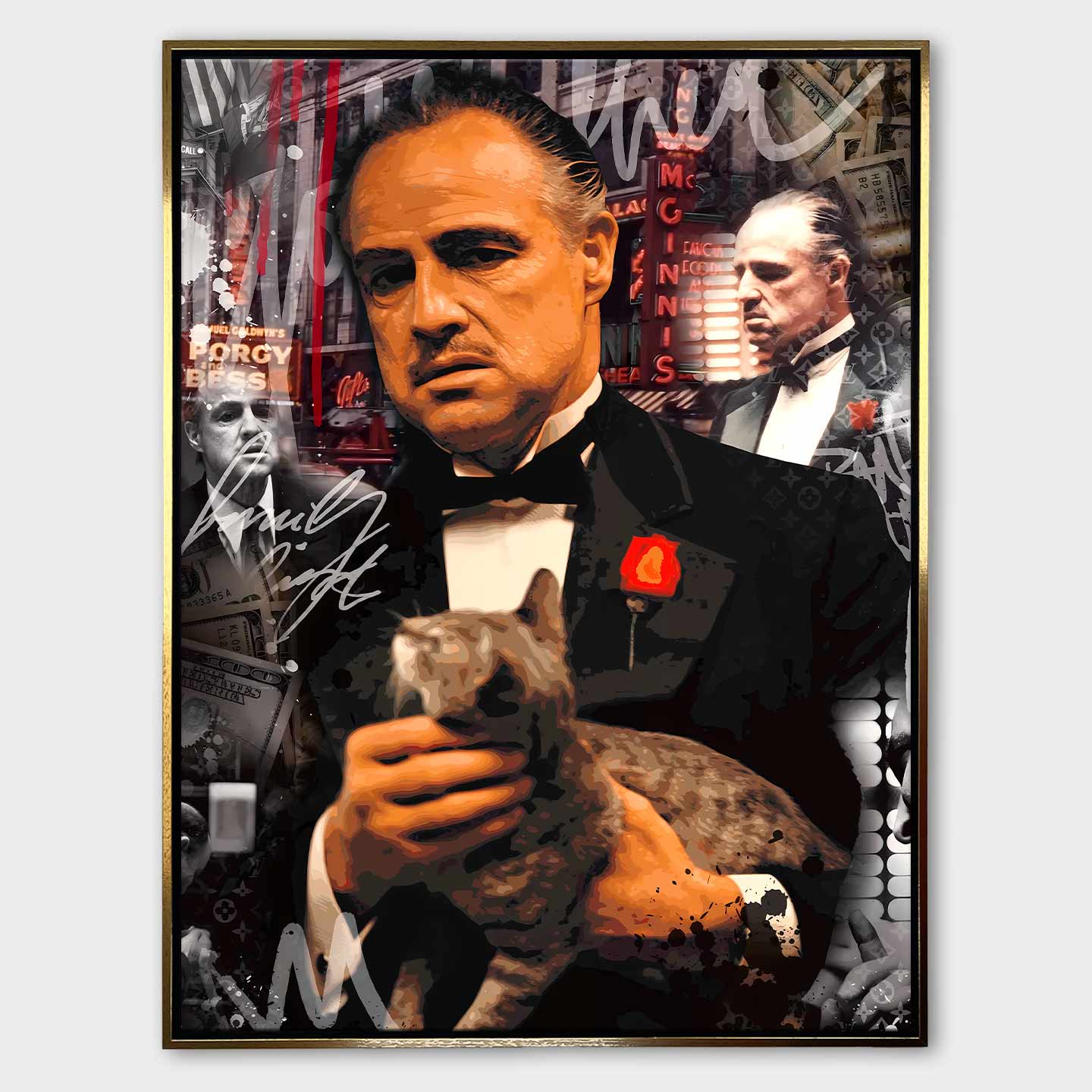 Obraz na płótnie The Godfather – Ojciec Chrzestny - ikoniczny portret filmowego bohatera w smokingu z kotem, symbol siły, klasy i władzy.