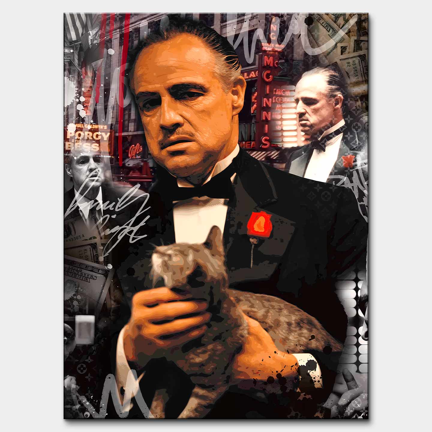 Obraz na płótnie The Godfather – Ojciec Chrzestny - ikoniczny portret filmowego bohatera w smokingu z kotem, symbol siły, klasy i władzy.
