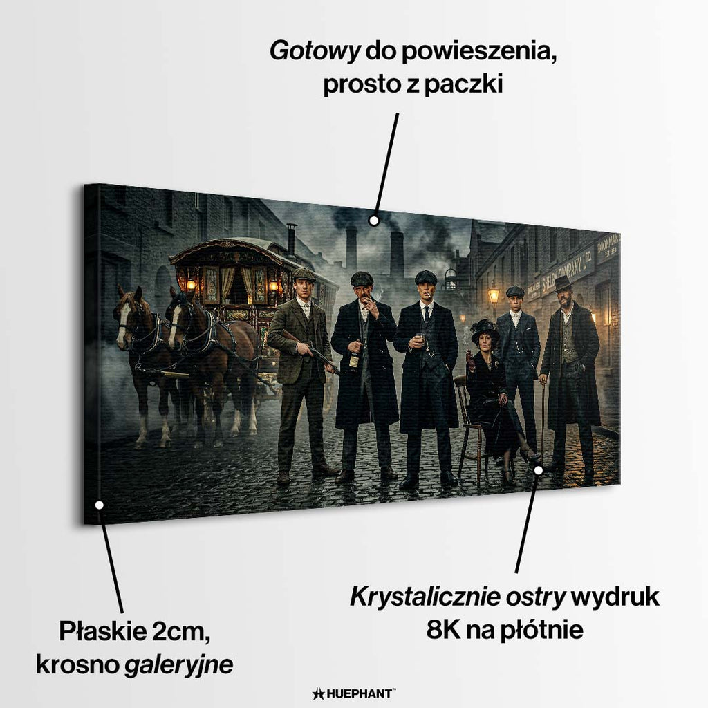 Obraz na płótnie The History Of Birmingham przedstawiający grupę eleganckich mężczyzn i kobietę na industrialnej ulicy, wydruk galeryjny.