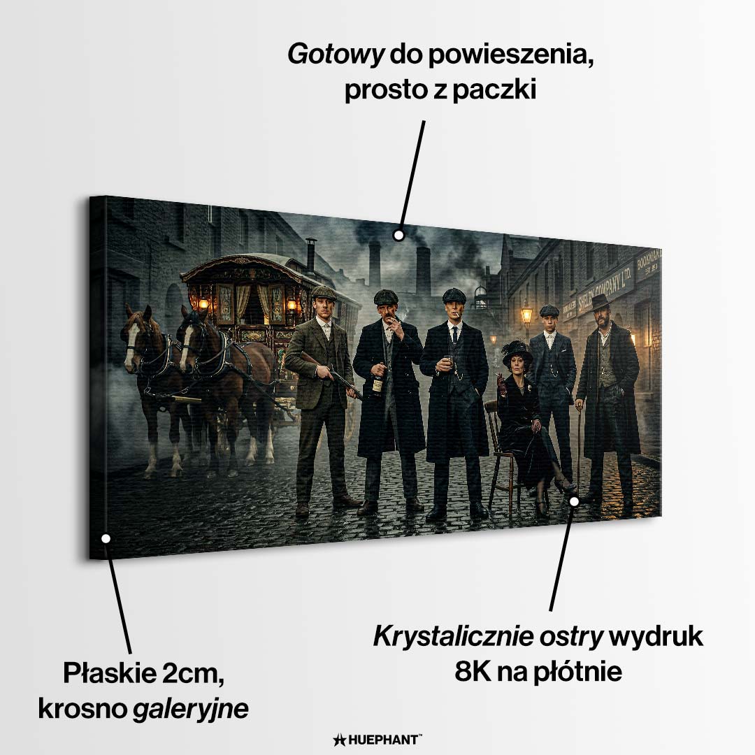Obraz na płótnie The History Of Birmingham przedstawiający grupę eleganckich mężczyzn i kobietę na industrialnej ulicy, wydruk galeryjny.