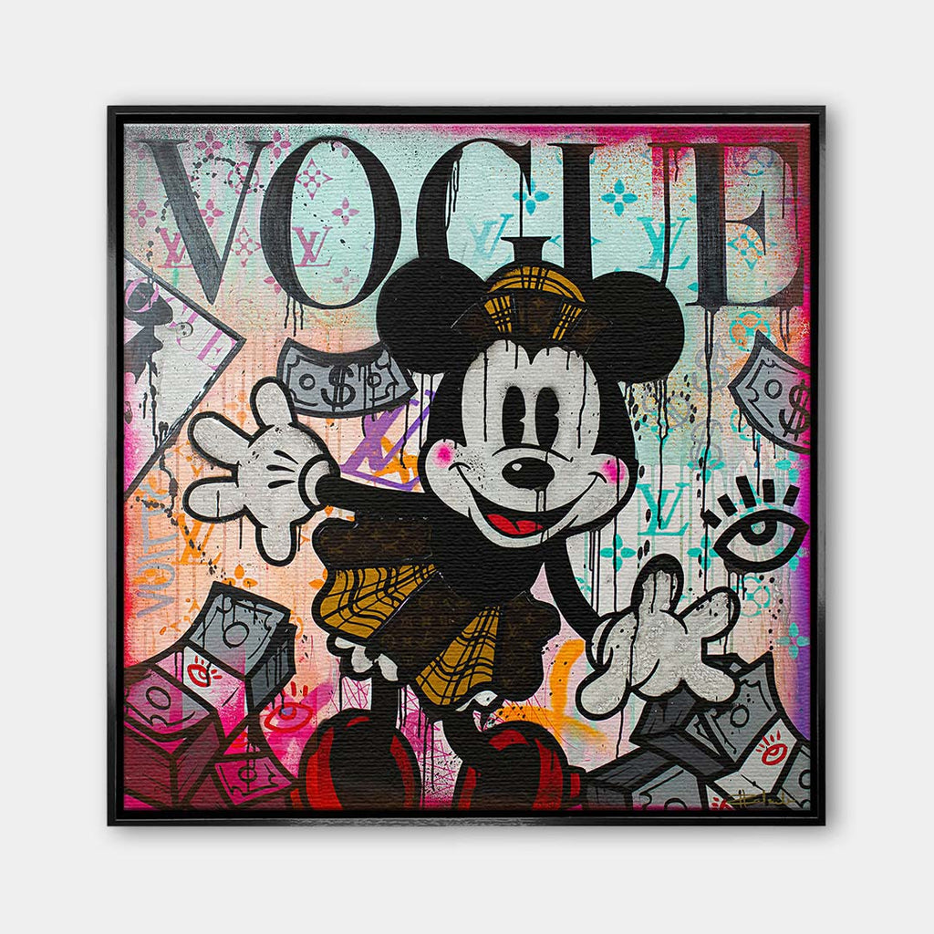 Obraz na płótnie pop art przedstawiający postać myszki na tle inspirowanym okładką magazynu modowego i graffiti, wydruk galeryjny.