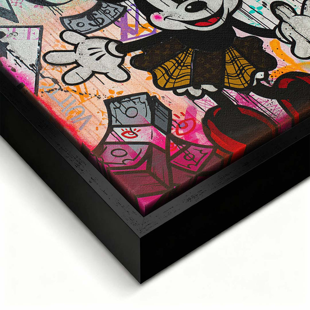 Obraz na płótnie pop art przedstawiający postać myszki na tle inspirowanym okładką magazynu modowego i graffiti, wydruk galeryjny.