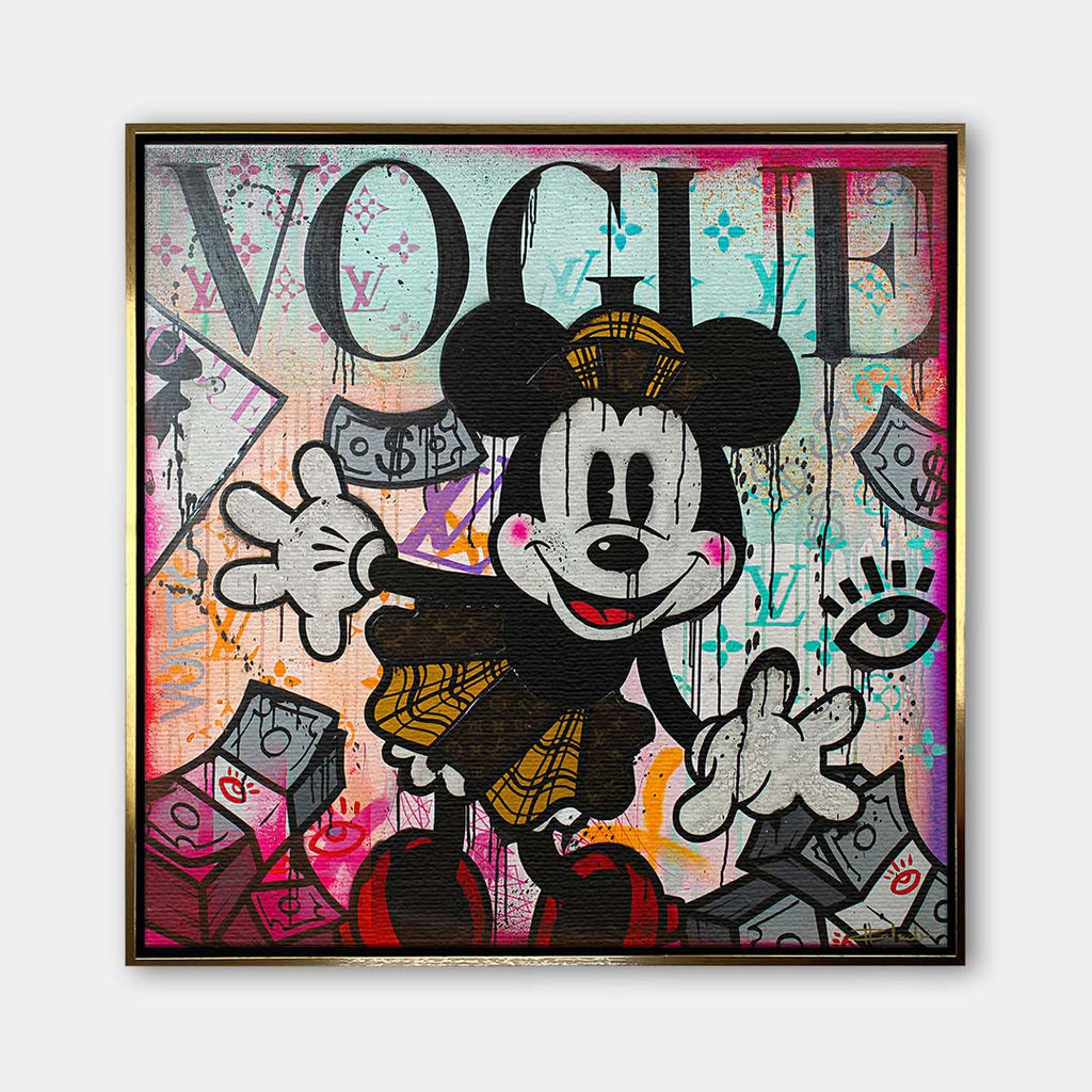 Obraz na płótnie pop art przedstawiający postać myszki na tle inspirowanym okładką magazynu modowego i graffiti, wydruk galeryjny.