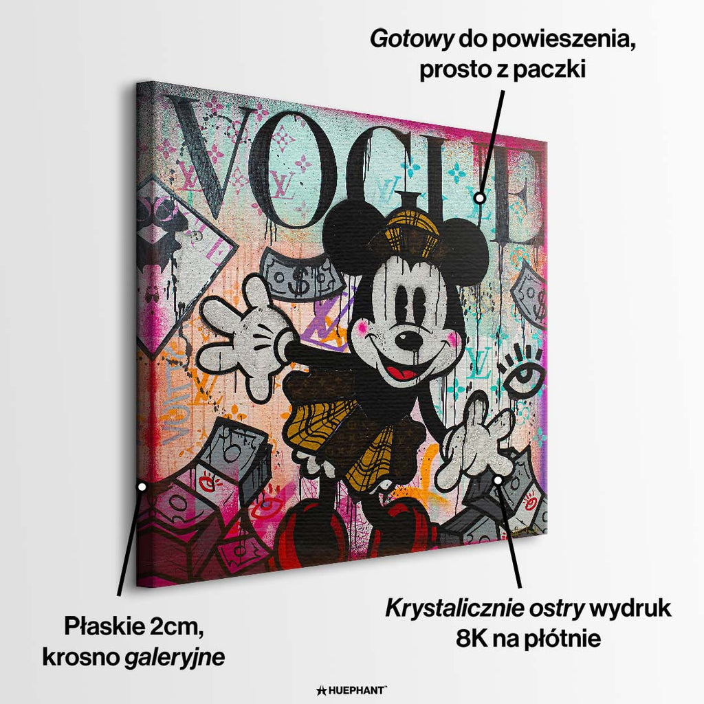 Obraz na płótnie pop art przedstawiający postać myszki na tle inspirowanym okładką magazynu modowego i graffiti, wydruk galeryjny.