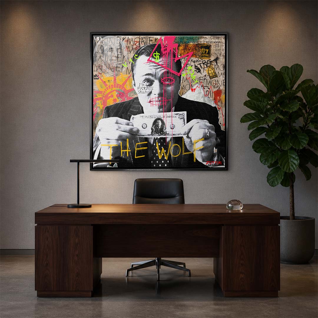 Nowoczesny obraz na płótnie The Wolf Wilk z Wall Street autorstwa Zuppini, styl pop-art graffiti, wydruk galeryjny z motywem pieniędzy i sukcesu, sztuka nowoczesna Huephant.