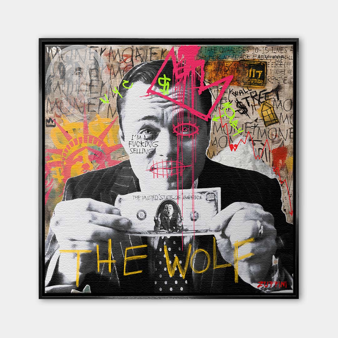 Nowoczesny obraz na płótnie The Wolf Wilk z Wall Street autorstwa Zuppini, styl pop-art graffiti, wydruk galeryjny z motywem pieniędzy i sukcesu, sztuka nowoczesna Huephant.