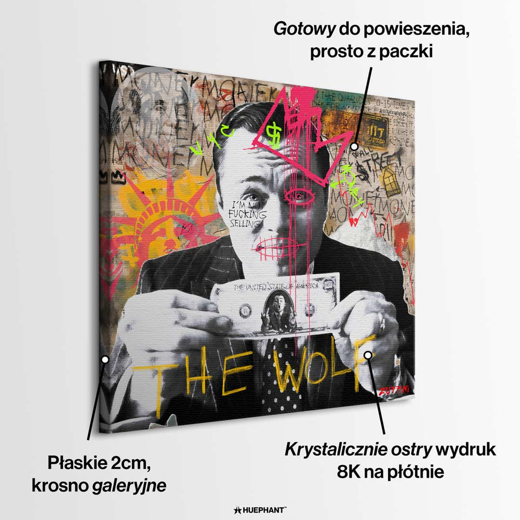 Nowoczesny obraz na płótnie The Wolf Wilk z Wall Street autorstwa Zuppini, styl pop-art graffiti, wydruk galeryjny z motywem pieniędzy i sukcesu, sztuka nowoczesna Huephant.