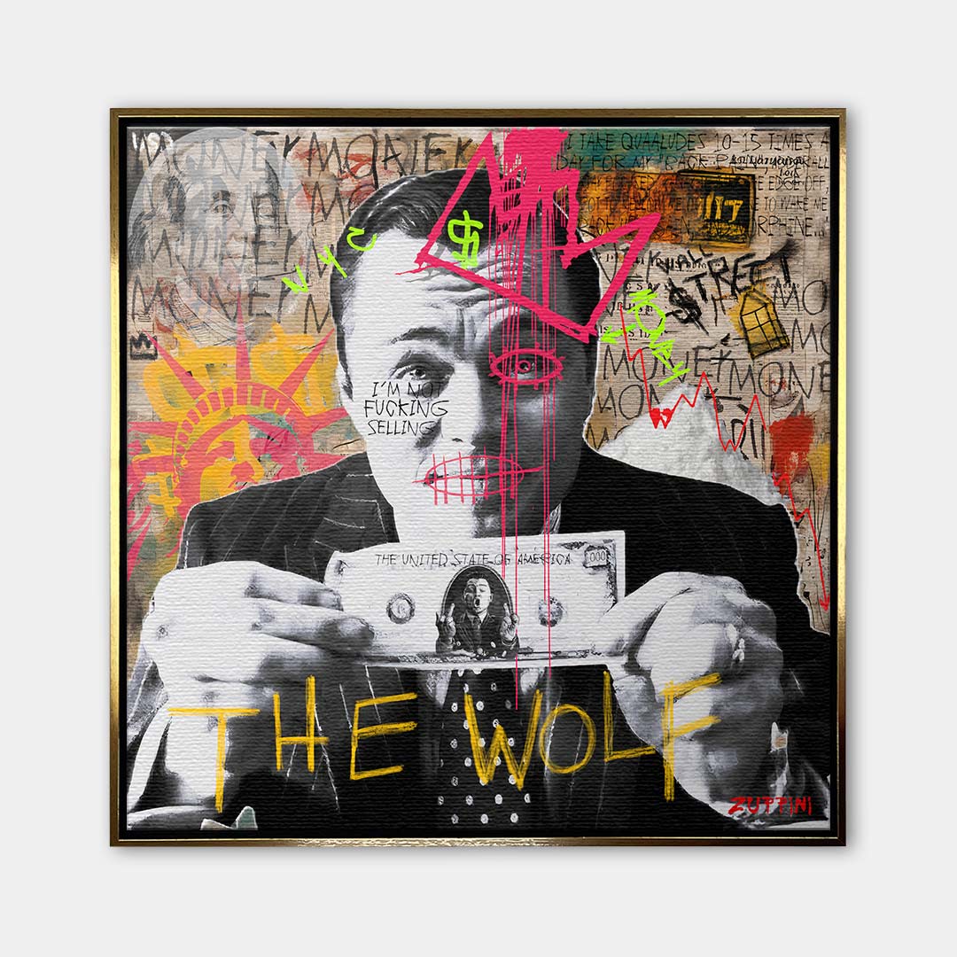 Nowoczesny obraz na płótnie The Wolf Wilk z Wall Street autorstwa Zuppini, styl pop-art graffiti, wydruk galeryjny z motywem pieniędzy i sukcesu, sztuka nowoczesna Huephant.