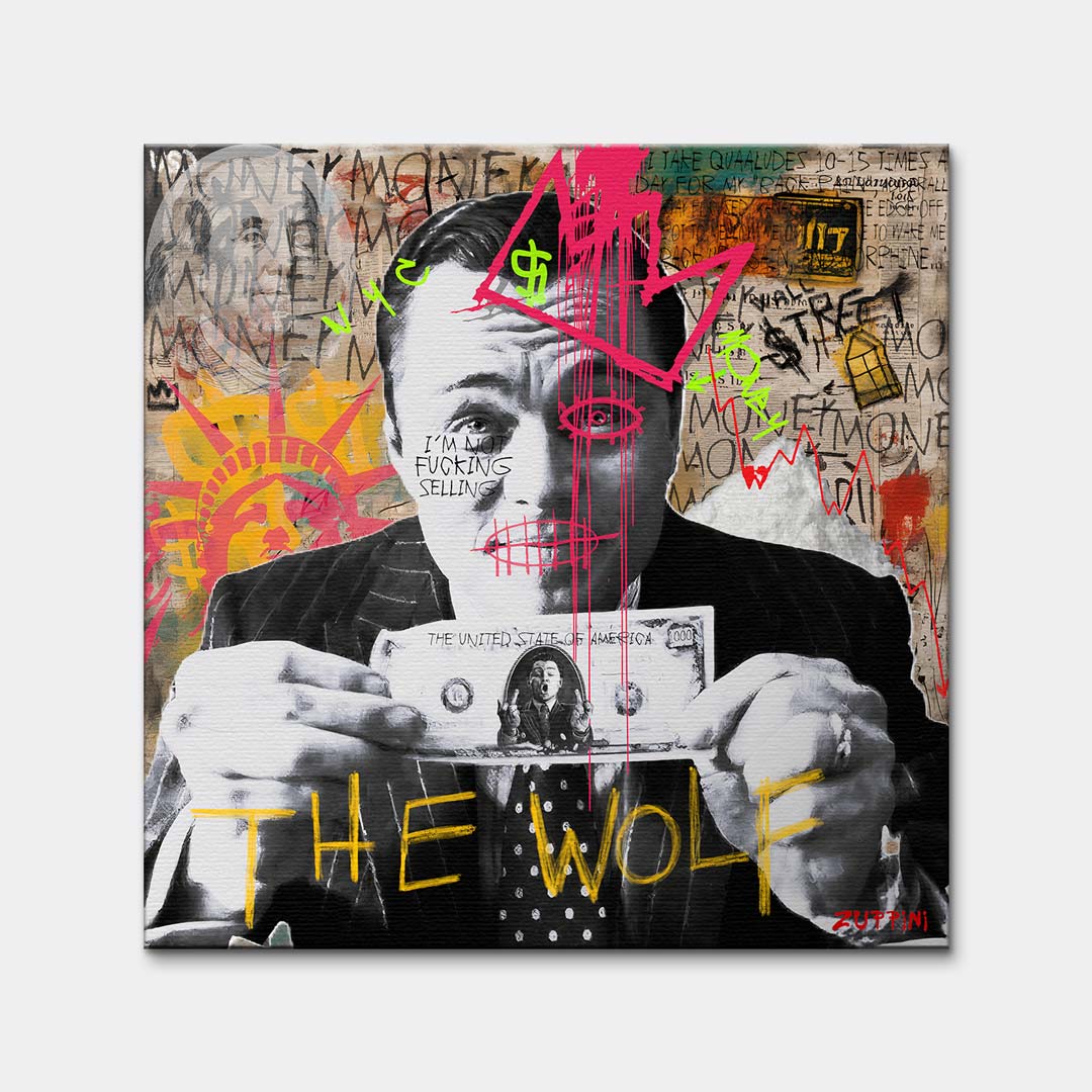 Nowoczesny obraz na płótnie The Wolf Wilk z Wall Street autorstwa Zuppini, styl pop-art graffiti, wydruk galeryjny z motywem pieniędzy i sukcesu, sztuka nowoczesna Huephant.