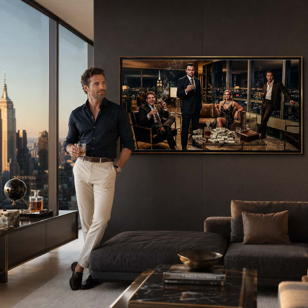 Obraz na płótnie The Wolf's Penthouse – elegancka scena w luksusowym apartamencie nocą, wydruk galeryjny w filmowym stylu.