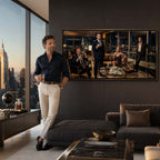 Obraz na płótnie The Wolf's Penthouse – elegancka scena w luksusowym apartamencie nocą, wydruk galeryjny w filmowym stylu.