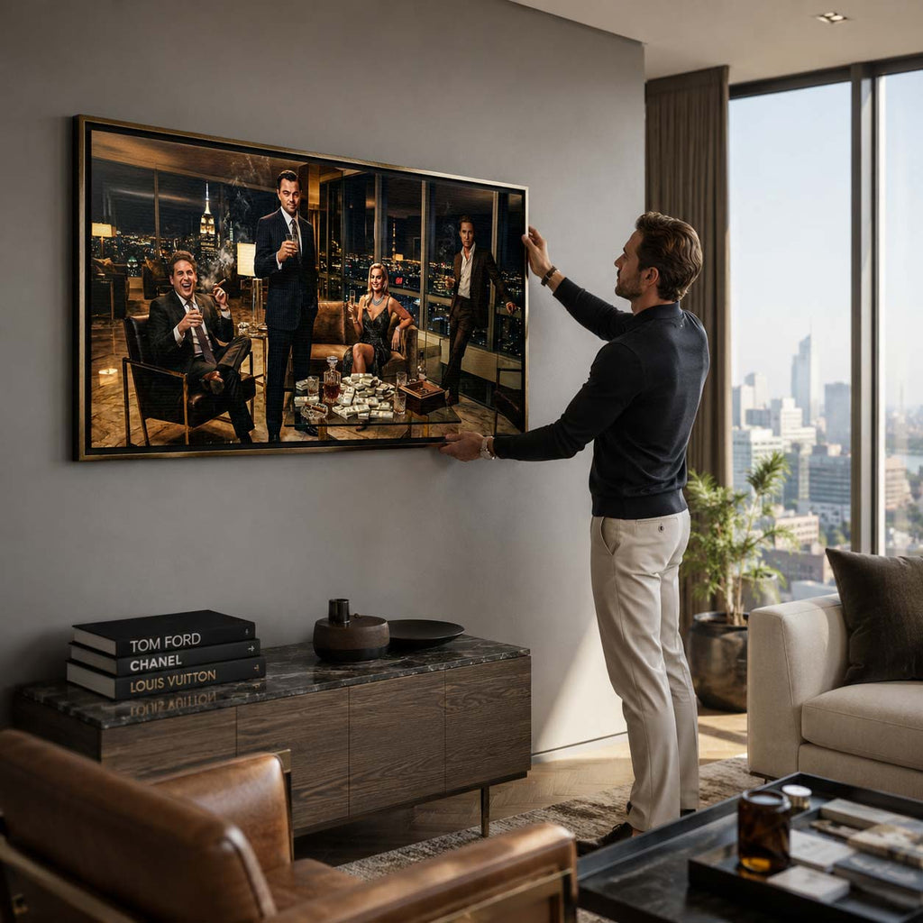 Obraz na płótnie The Wolf's Penthouse – elegancka scena w luksusowym apartamencie nocą, wydruk galeryjny w filmowym stylu.