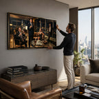 Obraz na płótnie The Wolf's Penthouse – elegancka scena w luksusowym apartamencie nocą, wydruk galeryjny w filmowym stylu.