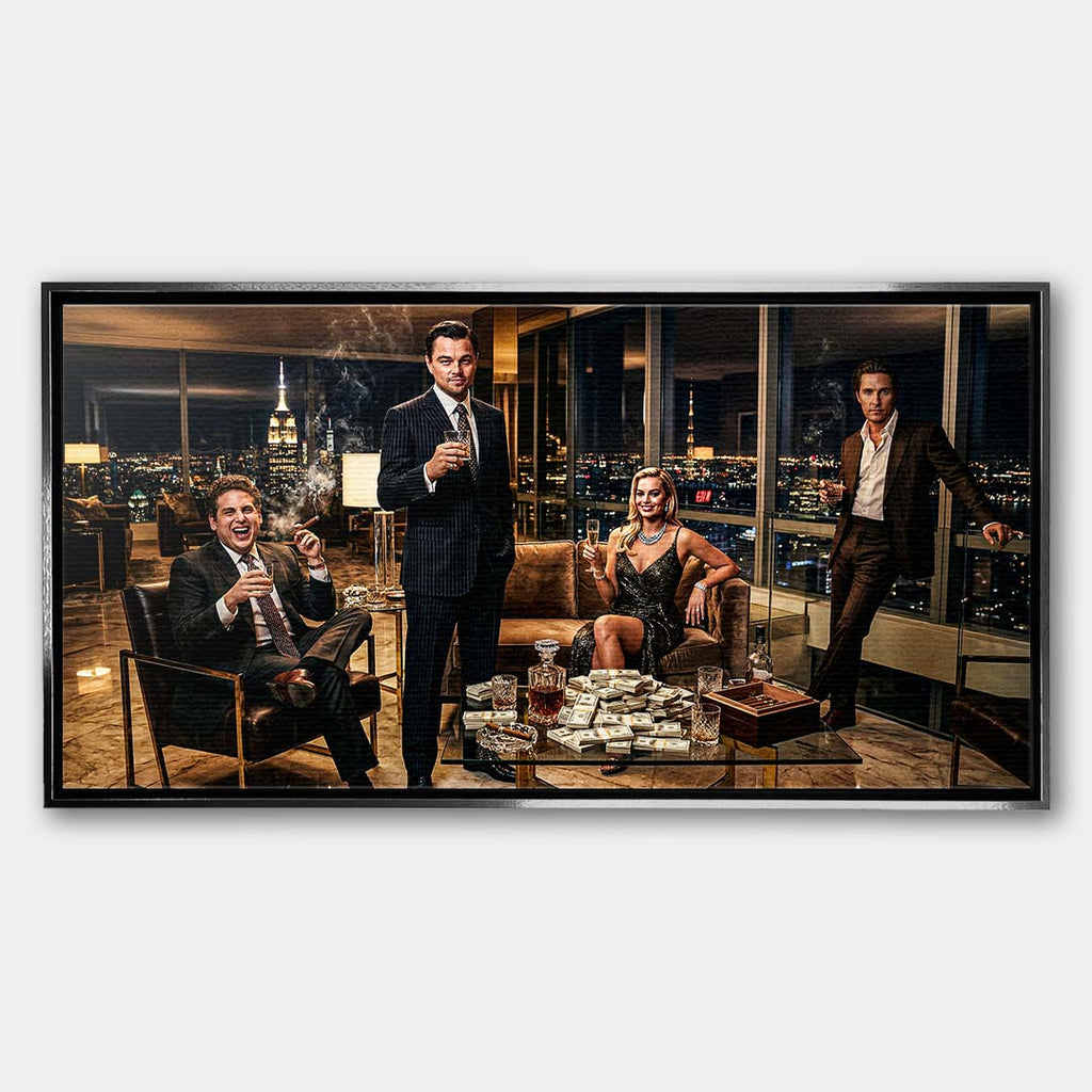 Obraz na płótnie The Wolf's Penthouse – elegancka scena w luksusowym apartamencie nocą, wydruk galeryjny w filmowym stylu.