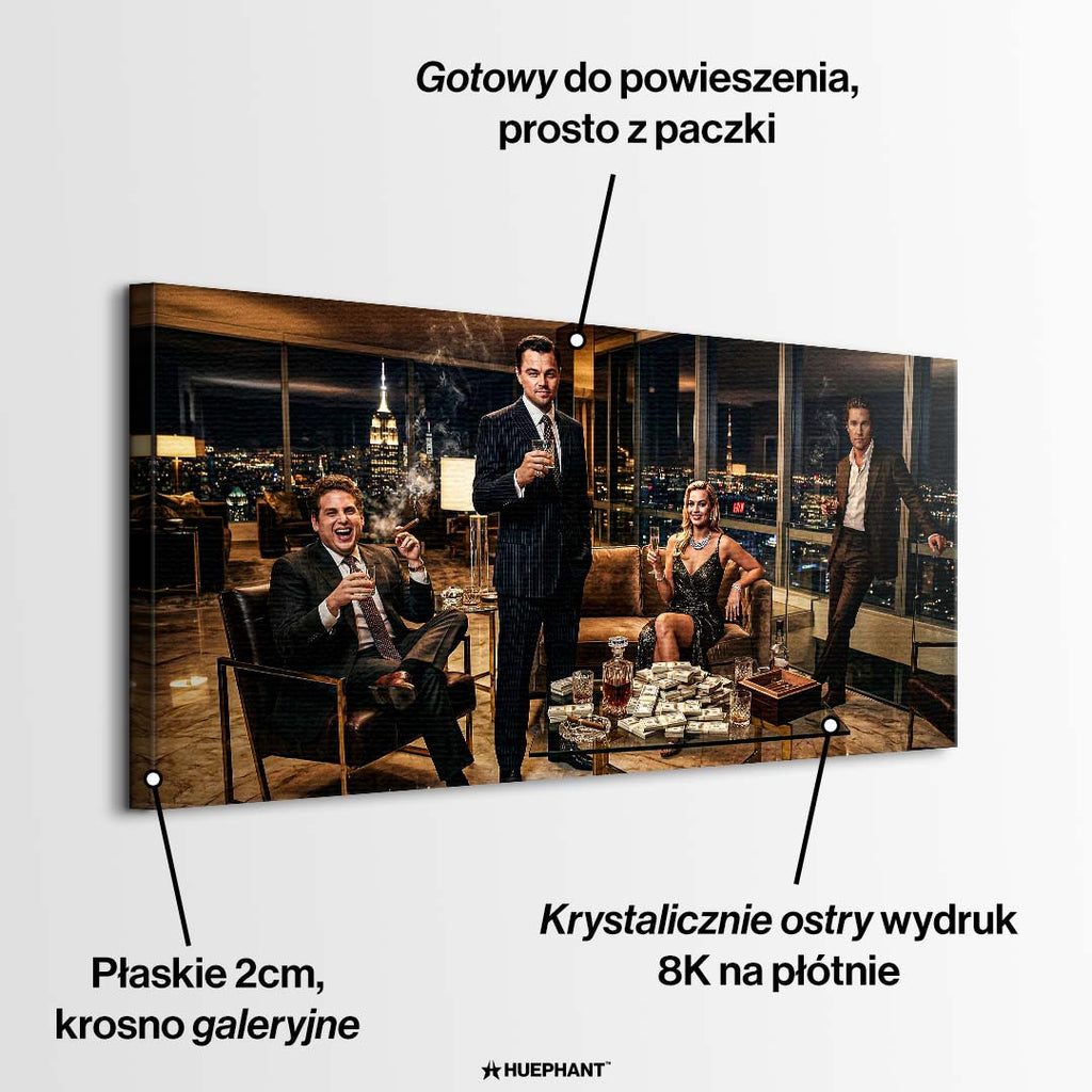 Obraz na płótnie The Wolf's Penthouse – elegancka scena w luksusowym apartamencie nocą, wydruk galeryjny w filmowym stylu.