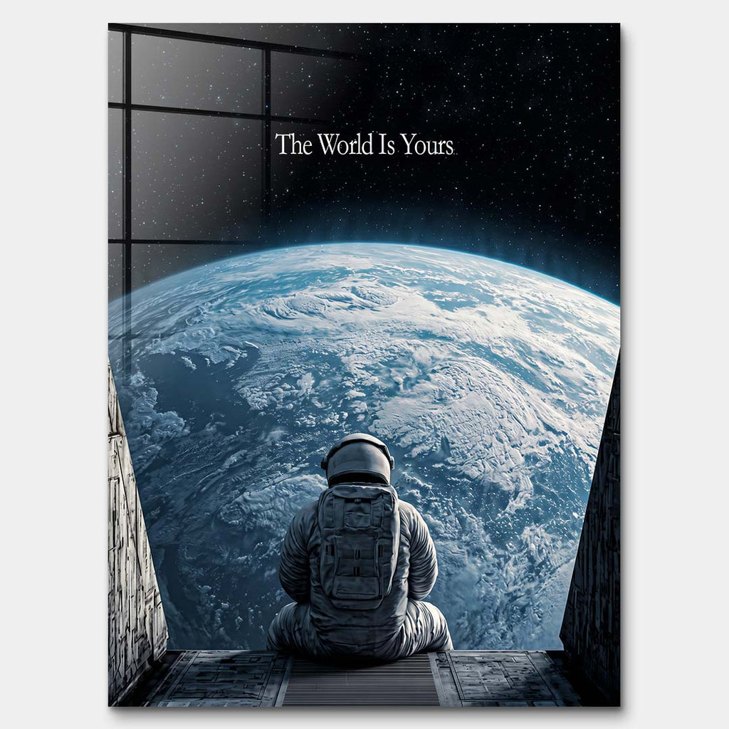 Nowoczesny obraz na szkle akrylowym z astronautą patrzącym na Ziemię z kosmosu i napisem The World Is Yours. Wydruk galeryjny w ciemnych barwach.