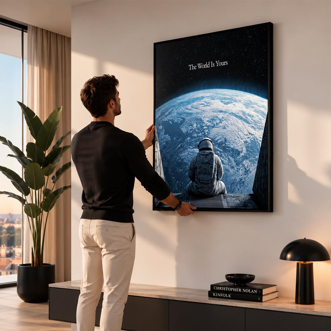 Nowoczesny obraz na płótnie z astronautą patrzącym na Ziemię z kosmosu i napisem The World Is Yours. Wydruk galeryjny w ciemnych barwach.