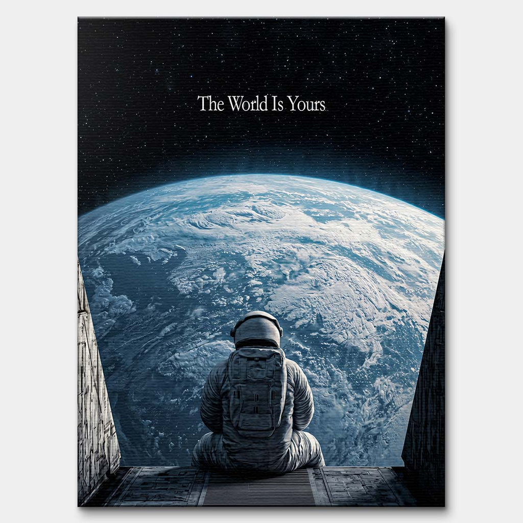 Nowoczesny obraz na płótnie z astronautą patrzącym na Ziemię z kosmosu i napisem The World Is Yours. Wydruk galeryjny w ciemnych barwach.