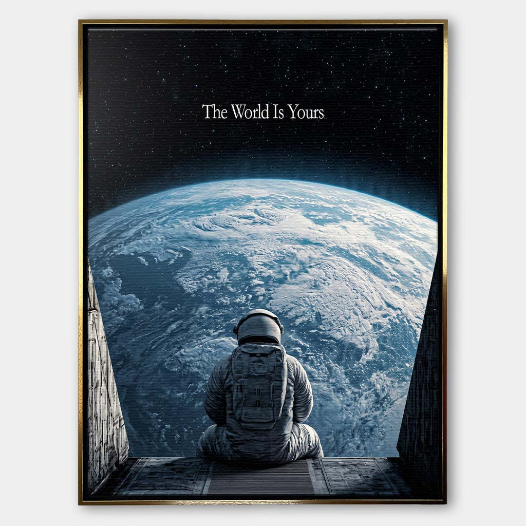Nowoczesny obraz na płótnie z astronautą patrzącym na Ziemię z kosmosu i napisem The World Is Yours. Wydruk galeryjny w ciemnych barwach.