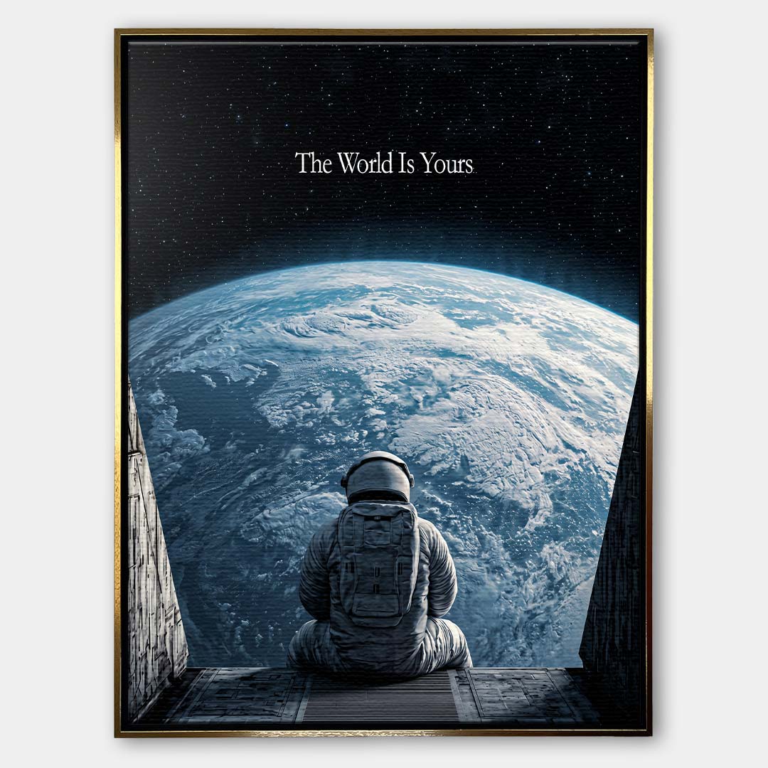 Nowoczesny obraz na płótnie z astronautą patrzącym na Ziemię z kosmosu i napisem The World Is Yours. Wydruk galeryjny w ciemnych barwach.