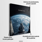 Nowoczesny obraz na płótnie z astronautą patrzącym na Ziemię z kosmosu i napisem The World Is Yours. Wydruk galeryjny w ciemnych barwach.